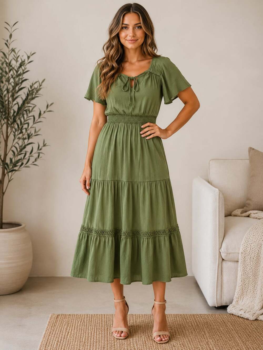 Luxology Olive Green Tiered Midi Dress